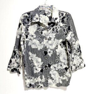 Draper's & Damon's Women’s Black & White Floral Button-Up 3/4 Sleeve Top - Large